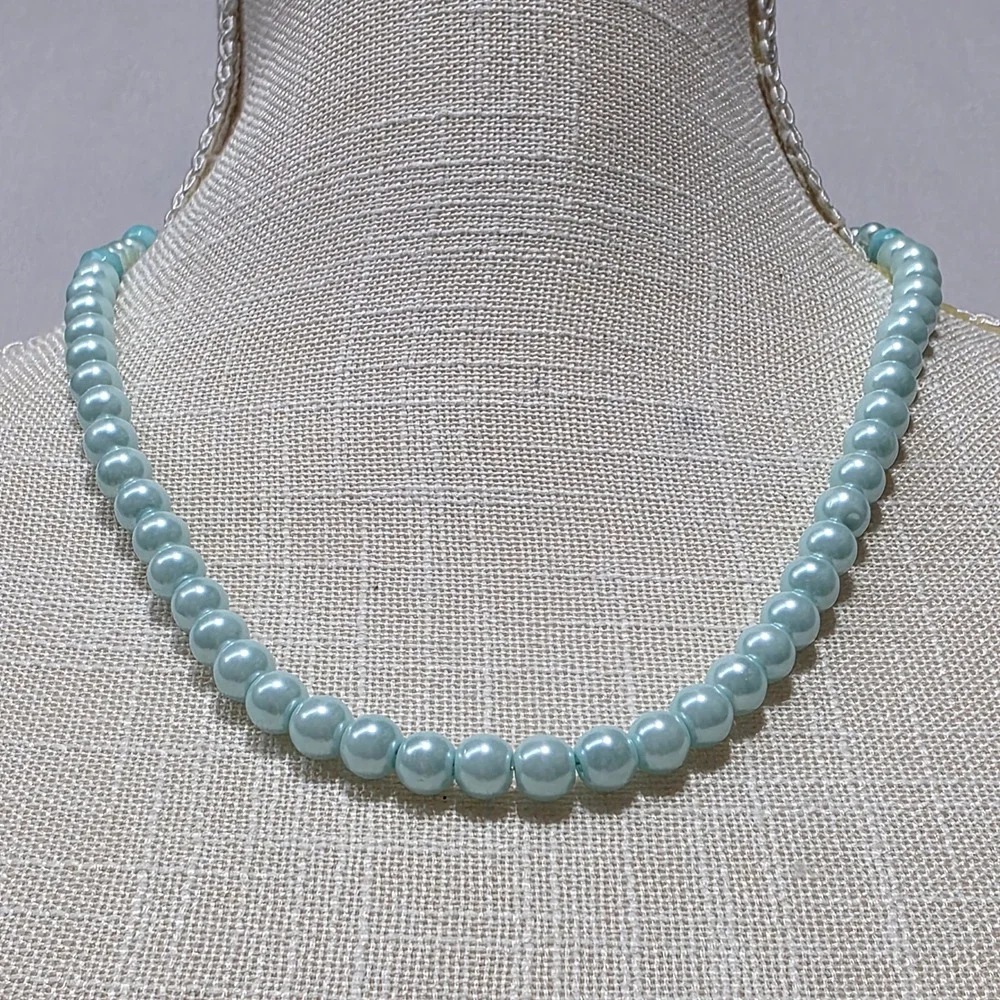 Light‎ Blue Faux Pearl Necklace Choker Clasp Closure Gemstone Bead Accents